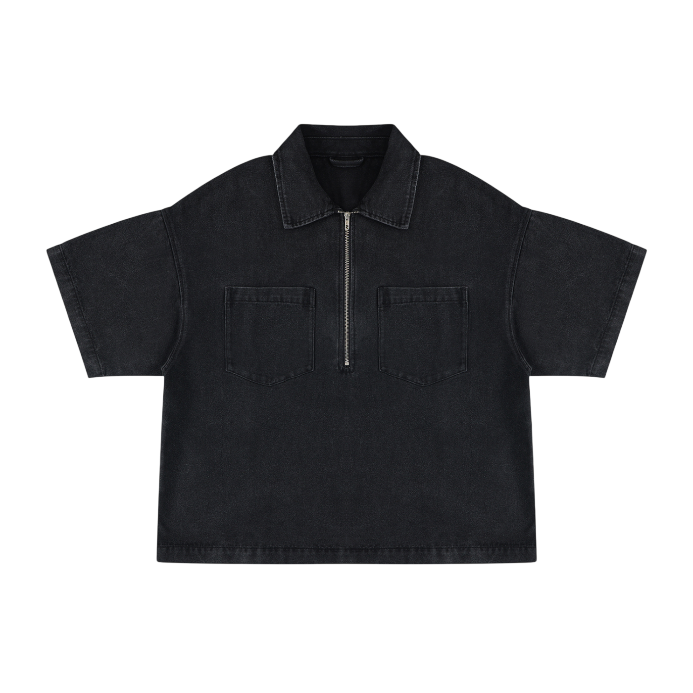 Vintage Wash Boxy Quarter-Zip Denim Shirt