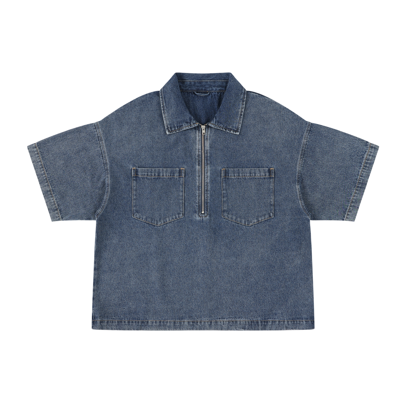 Vintage Wash Boxy Quarter-Zip Denim Shirt